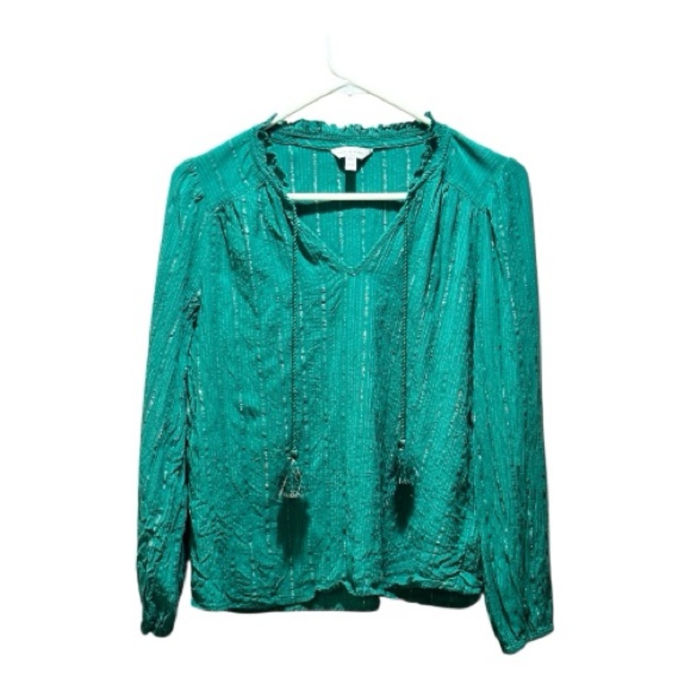 Lucky Brand Metallic Stripe Tassel V-Neck Blouse Emerald Green Medium